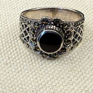 Vintage Sterling Silver Onyx Marcasite Filigree Ring Size 6.25 Art Deco Style